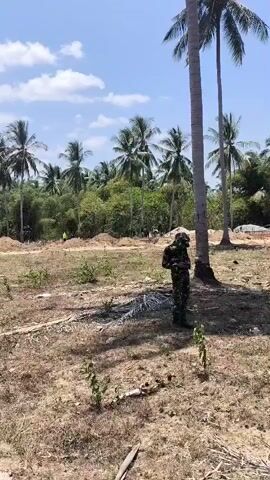 A military person in camouflage stands near a palm tree on a dry, dusty field. In the background, a construction site is visible with mounds of dirt, rebar, and several people working. A line of palm trees forms the backdrop, with a clear blue sky above.