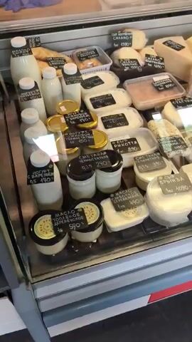 This is a vertical, eye-level shot of a refrigerated display case filled with dairy products, primarily cheese and what appears to be yogurt or sour cream. The products are arranged on wooden shelves within the glass case. Labels with Cyrillic text and prices are visible on many of the items. Some of the text that can be deciphered includes "Сыр" (cheese), "Масло" (butter), "Сметана" (sour cream), "Творог" (cottage cheese/curd), and prices such as "590", "390", "290". There are bottles of milk and jars of what could be pickled vegetables or fermented products. The lighting suggests an indoor setting, likely a market or a specialty food store, given the presentation of the items. The overall impression is one of abundance and variety within a fresh food environment. The time of day and weather are not discernible from the image. The context of Staritsa, Russia, suggests a local food offering.