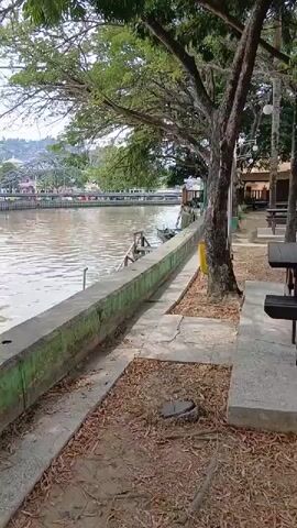 The video begins showing a calm river with a concrete embankment. A person in a red shirt and white shorts stands on the embankment, holding a fishing line. Another person wearing a blue shirt and black pants walks into the frame from the left, standing behind the first person and looking towards the river. The first person then casts their fishing line into the water. The second person watches. Both individuals are standing on the concrete embankment, with trees and foliage visible on the right side of the frame and buildings and a bridge in the background across the river.