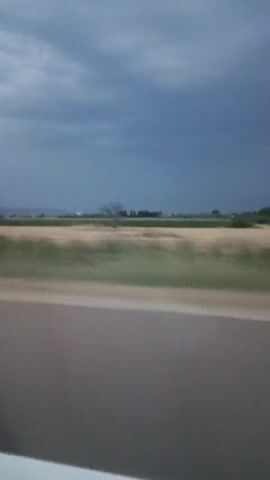 The video shows a view from a moving vehicle looking out at a landscape. The sky is overcast and appears dark, suggesting approaching rain or a storm. In the middle ground, there are fields of grass or crops, some appearing green and others a lighter, drier color, suggesting different types of vegetation or stages of growth. A faint treeline or cluster of buildings is visible in the far distance. The foreground shows a portion of the road, with a brown, asphalt-like surface. The image is blurry, indicating motion.