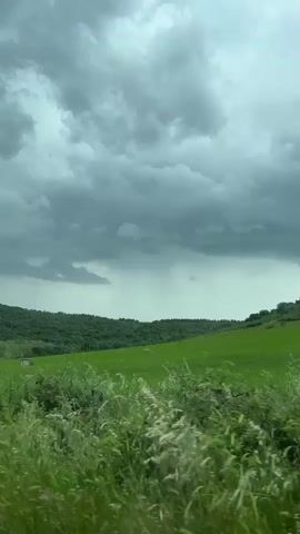 The video shows a lush green field under a heavily clouded, overcast sky. In the distance, a treeline stretches across the horizon, and a small, white structure stands in the middle of the field. The camera appears to be moving, likely from a vehicle driving along a road. The focus is mainly on the landscape, highlighting the contrast between the vibrant green of the field and the dark, ominous sky.