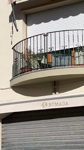 The video shows a shop front with a closed shutter and a balcony above. The shop sign reads "NÓMADA" in capital letters, with a logo featuring a globe to the left of the name. The balcony is curved, with a black wrought-iron railing. A potted plant is visible on the balcony.  A dog's barking can be heard.