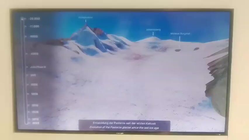 The video displays a 3D animated visualization of glacier evolution on a television screen mounted on a white wall. The visualization shows a mountain range with glaciers, labeled with names such as Großglockner, Johannisberg, and Mittlerer Burgstall. A timeline on the left side of the screen indicates years from -20,000 to 2022, with markings for -11,000, -8000, -4000, Year 0, 500, 1000, 1500, 1850, 1928, 2012, and 2022. The animation depicts the receding of the Pasterze glacier over time, with distinct colored areas (pink and white) representing different stages or states of the ice. A subtitle at the bottom of the screen reads "Entwicklung der Pasterze seit der letzten Kaltzeit" and "Evolution of the Pasterze glacier since the last ice age." The overall scene is dimly lit, with the primary light source appearing to be the television screen itself. There are no people visible in the frame.