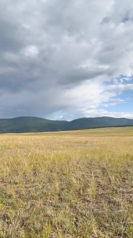 The video shows a wide shot of a grassy plain with rolling hills in the background under a cloudy sky. The camera pans from left to right, capturing the vast expanse of dry, yellow grass in the foreground. The hills in the distance are covered in dark green vegetation. The sky is a mix of dark, heavy clouds and patches of bright blue sky, suggesting changing weather conditions. There are no people or animals visible in the frame. The scene appears to be a natural landscape, possibly a meadow or prairie.