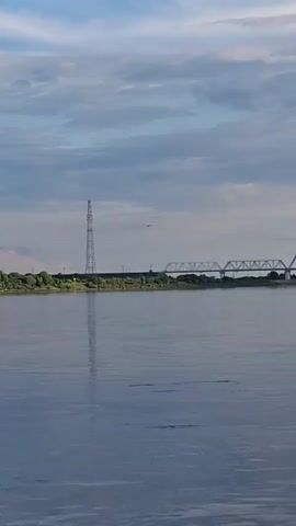 A wide shot shows a calm body of water, possibly a river, under a cloudy sky. A tall, lattice-style transmission tower stands on the far bank, reflecting in the water. A long, arched bridge spans the water in the distance, behind the tower. A single bird is visible in flight between the tower and the bridge. The water is mostly still, with a few ripples. The overall atmosphere is serene and natural.