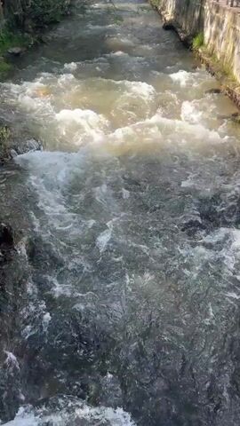 The video shows a view from above of a fast-flowing, somewhat murky river or stream. The water is churning with white rapids and foam, indicating a strong current. The river is contained within man-made channels on both sides, with stone or concrete walls. Along the right bank, there is a walkway or patio area with some structures and trees overhead. On the left bank, there are trees and vegetation. In the distance, a few blurry figures can be seen on the left bank, possibly people walking or standing. The overall impression is of a natural watercourse channeled through a developed area, possibly a park or a street.