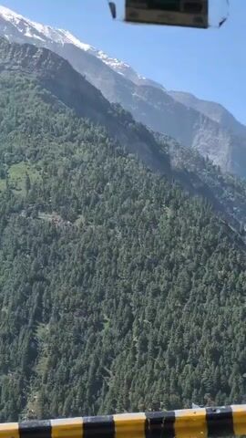 The video shows a scenic mountain landscape with a road winding through it. The first shot is an aerial view of a dense forest covering a steep mountainside, with a glimpse of snow-capped peaks in the distance. The camera then pans to reveal terraced fields carved into the mountainside, with some scattered trees and buildings visible. The third shot focuses on the lush green foliage of trees, with sunlight filtering through the leaves. The final shots show the road from a moving vehicle, with more trees and vegetation on either side. The road curves around a hillside, and in the background, more mountains and villages can be seen. The sky is clear and blue, indicating a sunny day.
