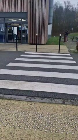 The video shows a crosswalk leading to a building with wooden slats on its facade.  There are three black bollards with white tops in front of the crosswalk. A person is standing near a trash can in the distance, next to picnic tables and what appears to be a basketball court. The ground is paved and there is grass in the background with trees in the distance. The sky appears overcast.
