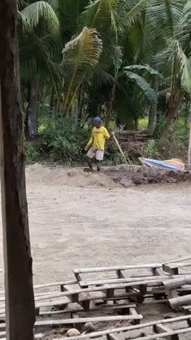 A person wearing a yellow shirt and shorts is standing in a pile of sand, holding a rake. The person appears to be working with the sand. Behind the person, there are trees and vegetation. In the foreground, there are wooden structures that appear to be under construction. The scene is outdoors and appears to be a construction site or a work area.