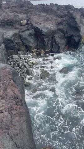 A high-angle view shows waves crashing against a rocky shoreline. The rocks are mostly dark gray and black, with some brown and reddish hues. The water is a mix of dark and light blue, churning with white foam. There are several pebbles clustered near the rocks. The video appears to have been taken on an overcast day.