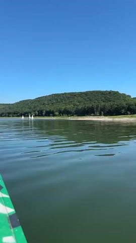 The video begins with a low-angle shot from a boat, showing a green and white patterned edge in the lower left corner. The water is calm with subtle ripples, reflecting the clear blue sky. In the distance, a tree-covered hill dominates the background, with a sandy shore visible at its base. Several white sailboats are scattered across the lake, some with their sails up. The scene appears to be a sunny day on a lake.