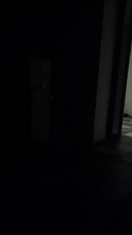 The video opens with a view of a dark hallway. A tall, dark cabinet is visible on the left wall. To the right, a doorway reveals a room with tiled flooring and a wooden door. A framed picture hangs on the wall in the background. The lighting is dim, and the scene is still.