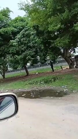 The video captures a view from a moving vehicle, likely on a dusty road in Yenegoa, Nigeria. The scene is dominated by lush green trees lining the side of the road, with their branches creating a canopy. In the foreground, the side mirror of the vehicle is visible, reflecting a glimpse of the interior. Beyond the trees, a paved road can be seen, bordered by a low wall and grass. Further in the distance, there are buildings and more trees.

The ground is a mix of dirt and patches of grass, with some scattered debris, including plastic bottles and wrappers, suggesting it might be an area with some level of public use or neglect. The lighting suggests it is daytime, with the sky appearing overcast, indicating potentially cloudy or humid weather typical of tropical regions.

The primary activity appears to be a casual gathering of people in the grassy area beside the road, under the shade of the trees. Two individuals are seated on the ground, seemingly engaged in conversation or rest. In the background, another person can be seen standing near the fence, their figure silhouetted against the lighter background. The overall atmosphere seems relaxed and ordinary, depicting a slice of everyday life in a semi-urban or suburban setting. No visible text is present in the footage.