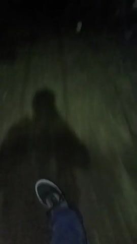 The video shows a low-angle perspective of a person walking in the dark. The camera focuses on the person's feet, which are wearing dark-colored shoes. The person's shadow is visible on the ground ahead. The environment appears to be outdoors, possibly a yard or path, with some faint ambient light suggesting nearby structures or light sources in the distance. A cat meows in the background, seemingly off-camera.