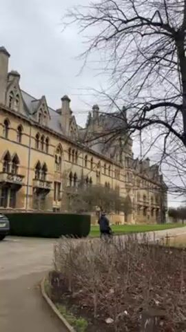 A man walks a stroller along a paved path beside a large, old building. The building is made of light-colored stone with a dark roof and features gothic architectural elements, including turrets and ornate windows. A manicured hedge runs parallel to the path near the building. The path is bordered by grassy areas with scattered trees and shrubs. The trees are bare, with only branches visible against the overcast sky. The day appears grey and cloudy. A dark car is parked at the edge of the path to the left. The person is wearing dark clothing and pushes the stroller away from the camera.