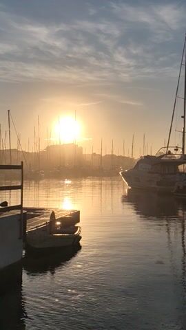 The video shows a harbor at sunrise or sunset. The sun, a bright, white-yellow disc, is low in the sky, its light reflecting on the water's surface. There are many boats and yachts moored in the harbor, their masts creating a dense line of vertical elements.  The sky is a mix of blue and pale, hazy clouds. The overall scene is calm and peaceful, emphasizing the reflective quality of the water and the warm light.