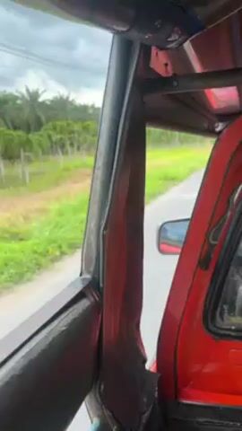 The video shows the view from inside a vehicle, possibly a tuk-tuk or similar open-air vehicle, traveling on a paved road. The vehicle's interior is visible, with a red-painted frame and a gray canvas or fabric surrounding the window opening. The road is flanked by green vegetation, including trees and fields. The sky is overcast, suggesting a cloudy day. Power lines run along the road. The vehicle is moving forward, and the scenery is passing by.