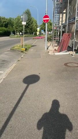 This media file captures a street scene in Singen (Hohentwiel), Germany. The perspective is from a sidewalk looking towards a street and a building undergoing construction.

**Subjects:**
The primary subjects are the environment itself. There are no clearly identifiable people in the frame, though shadows suggest at least one person is present, likely the one recording. Objects include street signs, a lamppost, scaffolding on a building, construction materials (red boards), a sidewalk, a paved road, trees, and a patch of pink flowers.

**Activity or Event:**
The scene depicts a normal day on a street, with the most notable activity being the ongoing construction on the building to the right. The presence of shadows indicates movement, suggesting the time of day is during daylight hours.

**Notable Details:**
*   **Time of Day:** The shadows are long and angled, indicating it is either early morning or late afternoon. The sky is a mix of blue and grey clouds, suggesting dynamic weather.
*   **Weather:** The sky is overcast with dark clouds, hinting at approaching rain or a storm.
*   **Location Cues:** The presence of German road signs provides a strong location cue. The specific design of the "no entry" sign (red circle with a white horizontal bar) and a round sign with a red border and white horizontal bar are characteristic of German traffic signage. The architecture and landscaping also align with a European setting.
*   **Emotions:** The image conveys a sense of urban ordinariness, with a touch of visual interest from the construction and the weather. There are no strong emotional cues.

**Visible Text:**
*   A "no entry" sign is clearly visible, featuring a red circle with a white horizontal bar.
*   Another road sign is partially visible, with text that appears to be in German, though it is too blurry to read definitively. There's a circular sign with a red border and a white horizontal bar, which is also a traffic sign.