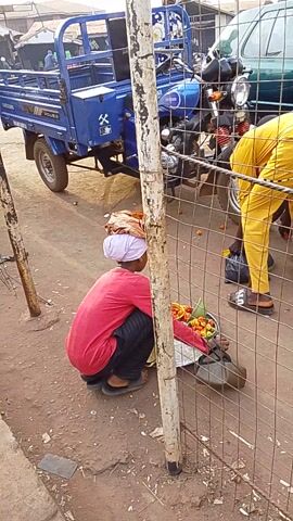 A street scene displays a woman in a pink shirt and dark pants squatting next to a wire fence with a tray of colorful food for sale. Several people are gathered on the other side of the fence; one in a yellow suit appears to be making a purchase. A blue utility vehicle and a green car are parked nearby. The scene is bustling with potential transactions as people interact with the street vendor.