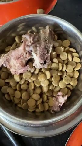 A close-up shot shows a metal bowl filled with dog food kibble. Several pieces of cooked meat, likely bone-in chicken, are mixed into the kibble. A hand enters the frame from the right and begins to break apart and mix the meat into the dog food. The background shows another orange bowl also containing dog food and some of the meat. The surface beneath the bowls appears to be a dark countertop.