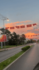 Red flags with golden emblems displayed on Podgorica street