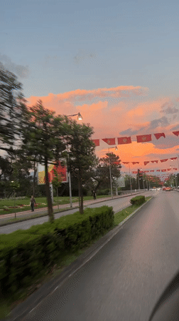 Red flags with golden emblems displayed on Podgorica street