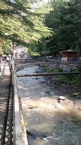 The video pans across a river flowing through a forested area. The river is wide and shallow, with clear water and a rocky bed. Trees line the banks of the river, and a pathway runs alongside it. A few people can be seen walking along the pathway in the distance. There are some wooden structures on the far bank, possibly buildings or stalls. The sunlight filters through the trees, creating dappled light on the water.