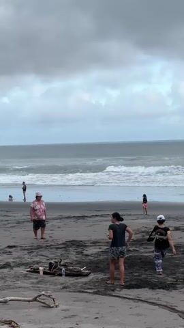 The scene is a beach on a cloudy day with the ocean and waves visible in the background. In the foreground, four people are present. One man, wearing a colorful shirt and hat, is standing and appears to be kicking a ball towards a woman with her back to the camera, wearing a dark shirt and patterned shorts. To the right, another person stands wearing a dark jacket and camouflage pants. In the distance near the shoreline are two additional people: one person is walking with a dog and another is standing still. In front of the woman and man playing with the ball is a small pile of driftwood, a backpack, and a water bottle.