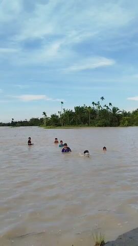 A medium, static shot shows a group of about six children swimming and playing in a wide, muddy river. They are all wearing dark-colored clothing. Some are splashing around, and others are treading water, with their heads and shoulders visible above the surface. The river is surrounded by lush green foliage, including palm trees, on both banks. The sky is bright blue with scattered white clouds, suggesting a sunny day. The camera is positioned slightly above the water level.