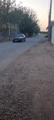 A black sedan drives down a paved road with dirt shoulders. Trees line the right side of the road, and a fence runs along the left. A few children are visible in the distance, some playing near the fence. The sky is overcast, suggesting it is either early morning or late afternoon.