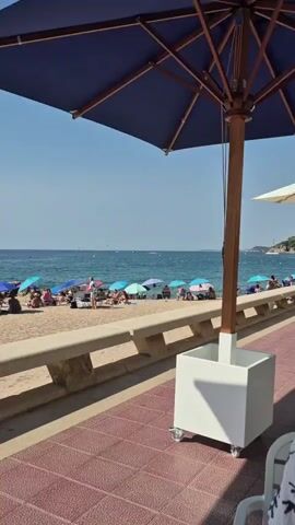 The video pans across a beach scene on a sunny day. In the foreground, a large dark blue umbrella with a wooden pole is prominent, positioned in a white planter with wheels. The umbrella is open and casts a shadow. To the left of the umbrella, a tiled walkway is visible. Behind the walkway is a sandy beach lined with a stone wall. Numerous beachgoers are scattered across the sand, many sitting under colorful umbrellas of various shades of blue, green, and red. Some individuals are standing, while others appear to be lounging or sitting. The ocean stretches out in the background, appearing calm and blue under a clear sky. Small boats or buoys are faintly visible on the water in the distance. The overall impression is a relaxing beach environment.