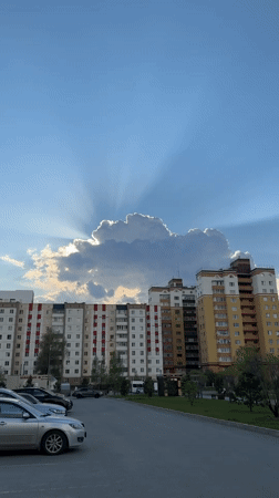 Dramatic sunburst clouds captured over Tobolsk residential district