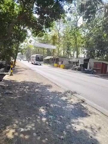 A daytime video shows a road bordered by trees and vegetation. On the left side of the road, there is a dirt and gravel shoulder with some debris. A yellow and black striped pole stands on the shoulder near a small concrete structure. The road itself is paved and appears to be two lanes. On the right side of the road, there are several small buildings with corrugated metal roofs and walls.

The video captures several vehicles moving along the road. Initially, a white and blue bus is seen driving away from the camera. Following the bus, a large green container truck passes by, casting a shadow on the road. A motorcycle then overtakes the truck, with two people riding on it. Finally, a white SUV drives past the truck. The overall scene suggests a rural or semi-rural setting with active road traffic. The lighting indicates it is a sunny day, with dappled sunlight filtering through the trees.