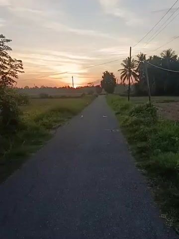 The video shows a single-lane paved road stretching into the distance, flanked by fields and sparse vegetation. The sun is rising, casting a warm glow on the horizon with streaks of orange and yellow light breaking through the clouds. Power lines run along the right side of the road, supported by wooden poles. There is no visible activity; the scene is serene and still. Debris is scattered along the side of the road.