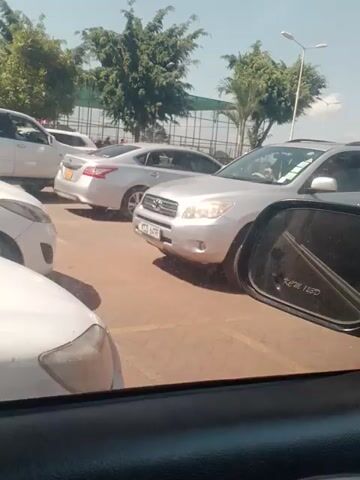 The camera is positioned inside a car, looking out onto a parking lot. Several cars are visible, parked close together. The closest car to the camera is white, and parts of other white and silver cars can be seen beyond it. One of the silver cars has a license plate that reads "KCB 649R". Trees and a street light are visible in the background under a bright blue sky. The parking lot surface appears to be made of reddish-brown pavers.