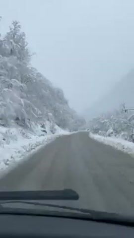 The video depicts a view from inside a car driving on a snow-covered road. Trees are laden with snow on either side of the road, creating a wintery landscape. The road is partially clear but has visible patches of snow and ice. The sky is overcast and white, adding to the gloomy atmosphere. The car's windshield wipers are activated. The car is moving forward on the winding road.