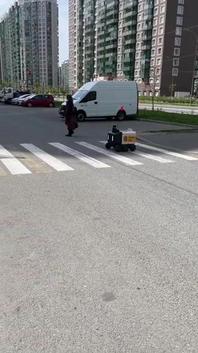 Pedestrian, delivery robot share crosswalk in Murino, Russia