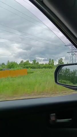 The video, filmed from inside a car, shows a view through the passenger side window and the side mirror. The landscape is rural, with green fields and trees under a cloudy sky. A large metal power line tower is visible in the distance. The car appears to be moving, causing a slight blur in the foliage. The interior of the car, including the door panel and window, is also visible.