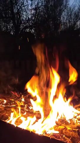 The video shows a close-up of a fire burning in a metal fire pit at night. The flames are bright yellow and orange, and they flicker and dance as they consume the small pieces of wood. The surrounding environment is dark, with blurred trees visible in the background. Sparks rise from the fire, and there is a slight haze of smoke. Voices can be heard in the background, but they are not clear enough to understand.