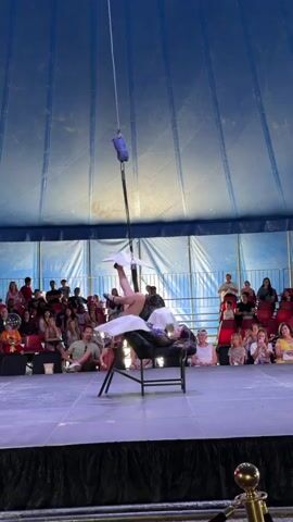 A performer in a sparkling black costume is balancing on a chair on a stage, suspended from a rope. The performer is upside down with their legs extended upwards, balancing two white plates on their feet. Below the performer's feet, a large glass ball is also balanced on the performer's legs. The performer is illuminated by spotlights, and the background is a blue circus tent with an audience seated in rows of chairs. The audience members are watching the performance.