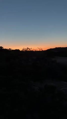 A vertical video captures a dark, silhouetted landscape against a gradient sky transitioning from deep blue to orange near the horizon. The foreground is composed of dark, unidentifiable vegetation and terrain. In the background, a gentle slope of land is visible, with the horizon marked by a faint orange glow, indicating either sunrise or sunset. The sea is visible on the right side of the frame, with some distant lights suggesting a settlement or boats. The overall atmosphere is calm and serene.