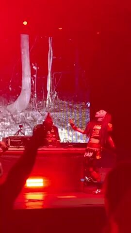 A stage performance is depicted, illuminated by red stage lights. A DJ, wearing a green shirt and a red and black headdress, operates equipment at a DJ booth. On the right side of the stage, a performer with long red hair, wearing a black and red outfit, dances and interacts with the audience. On the left, another performer in a light-colored outfit also dances. A large screen behind them displays a nature scene, possibly a forest. The audience is visible in silhouette in the foreground.