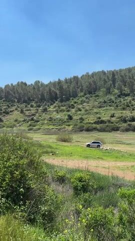 The video depicts a white car driving on a dirt track through a grassy field. The field is framed by lush green vegetation on the left and a hillside covered with trees on the horizon. The sky is clear and blue.