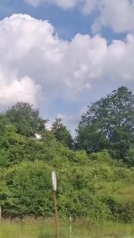 A video captures a view from a moving vehicle. The scene shows a lush green landscape with trees and foliage dominating the foreground and midground. A cloudy sky with large white cumulus clouds fills the upper portion of the frame. In the far distance, a range of hills or mountains is visible. A white guardrail runs along the edge of what appears to be a bridge or elevated road, suggesting the vehicle is in motion and traversing such a structure. There are no visible people or discernible interactions. The overall environment is natural and serene, with a bright, daytime setting.
