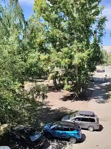 The video captures a slightly elevated view of a residential area on a sunny day. The foreground shows three parked cars: a black sedan on the left, a blue crossover SUV in the middle, and a silver minivan with a roof rack on the right. Beyond the cars, there is a paved area with dirt patches, likely a courtyard or parking lot. Lush green trees dominate the scene, with a large, mature tree with light-colored bark and abundant foliage in the center, and other trees, including birches, on the left. Sunlight filters through the leaves, creating dappled shadows on the ground. In the background, a street or pathway is visible, leading towards a distant building. The sky is blue with a few scattered white clouds. The overall impression is a tranquil, sun-drenched urban environment with significant greenery.