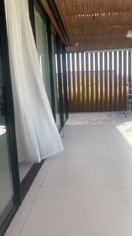 The video pans across a patio area. A person on the left is standing near a glass sliding door with white curtains. A stepladder stands against a wooden slatted fence. To the right, a swimming pool is visible, surrounded by greenery and trees, including a palm tree. A person wearing a dark jumpsuit is standing near the pool, holding a phone and appearing to record someone else. Another person, wearing a brown suit, is standing with their back to the camera, putting on a jacket. A person in a red shirt and a baseball cap is partially visible on the far right. The sun is shining brightly, casting long shadows.