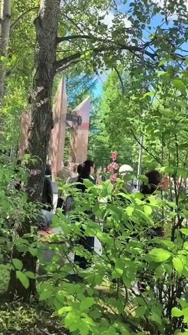 The video shows a memorial in Apatity, Russia. The memorial features a large, angular structure with the date "1941" visible on it. A group of people are gathered in front of the memorial, some appearing to be observing or participating in a ceremony. The scene is set outdoors, amidst lush green trees and foliage, suggesting a daytime setting on a clear day with bright sunlight. The presence of a memorial and a gathering of people implies a commemorative event or a moment of remembrance. The overall mood appears somber and respectful, given the context of a memorial.