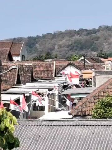 The video shows a cluster of buildings with tiled roofs, typical of a rural or suburban area. Many small red and white flags, likely Indonesian flags, are displayed on strings and poles between the buildings, suggesting a celebration or patriotic event. The flags are a prominent feature, indicating a festive atmosphere. The background consists of a gently sloping, vegetated hill under a clear sky. The overall scene captures a community decorated for a special occasion.