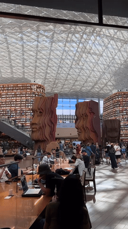 Morning visitors explore Seoul's Starfield Library towering bookshelves