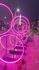 Neon ring installations and river boats light up Bilbao at night